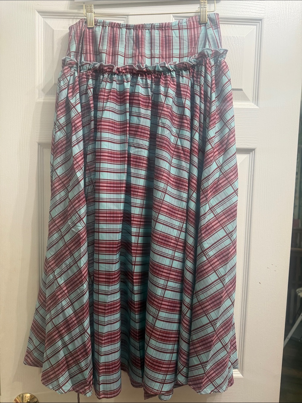 Plaid Midi Wrap Skirt in Teal and Burgundy Size Large